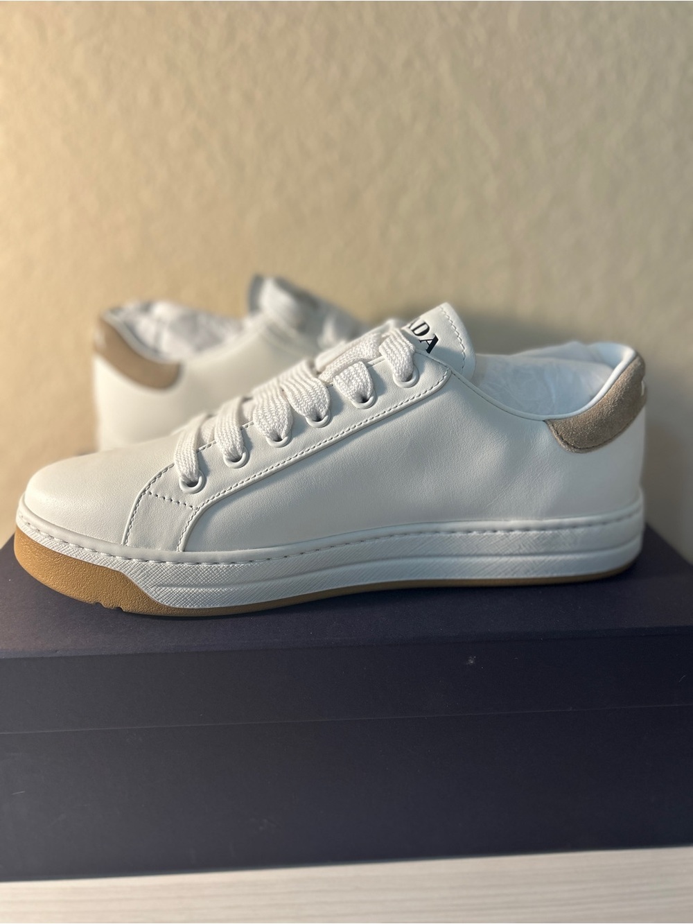 Prada White Leather Women’s Sneakers with Tan Sole and Gray Heel Tab - Picture 2 of 5
